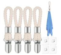 WOLMIK 4 Pcs Hanging Tea Towels Clip, Metal Kitchen Towels Clips with Hanging Loop Cloth Hook Clip Hangers for Home Kitchen Bathroom Cupboards Cloth Hanger Holder Brackets-Braided Cotton Loop