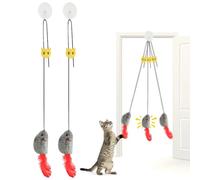 WOLMIK Cat Toys for Indoor Cats, 2 Pack Door Hanging Interactive Self Playing Mice Toys with Squeaky Sound, No Batteries Required, Elastic Interactive Cat Toy, Mouse with Feather Tail