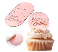 Wolpark 20pcs Pink Mirror Acrylic Cupcake Toppers Acrylic Engraved Cake Picks Cupcake Disc Happy Birthday Cake Decoration Round Shape for Princess Theme Baby Shower Party Supplies