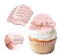 Wolpark 20pcs Pink Mirror Acrylic Cupcake Toppers Acrylic Engraved Cake Picks Cupcake Disc Happy Birthday Cake Decoration Circle Round Shape DIY Party Supplies