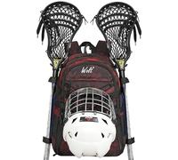 WOLT Turf Lacrosse Backpack Bag - Extra Large Storage Room for Holding All Lacrosse or Field Hockey Equipment, Two Stick Holders and Separate Cleats Shoe Compartment (CamoRed)