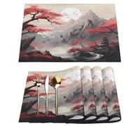 Woltant Japanese Landscape Set of 4 Linen Placemats Washable Heatproof Dining Table Mats for Modern Kitchen Dining
