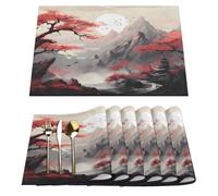 Woltant Japanese Landscape Set of 6 Linen Placemats Washable Heatproof Dining Table Mats for Modern Kitchen Dining