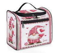 Woltant Pink Plaid Gnome Hearts Large Waterproof Travel Toiletry Bag Hanging Makeup Bag with Hook Travel Wash Bag for Women and Men