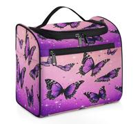 Woltant Purple Pink Butterflies Large Waterproof Travel Toiletry Bag Hanging Makeup Bag with Hook Travel Wash Bag for Women and Men