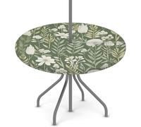 Woltant Round Tablecloth with Parasol Hole and Zipper Wipe Clean Table Cover with Elastic Edges Outdoor Table Protector for Garden Patio BBQ (Green Flower Leaf)