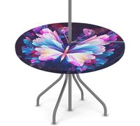 Woltant Round Tablecloth with Parasol Hole and Zipper Wipe Clean Table Cover with Elastic Edges Outdoor Table Protector for Garden Patio BBQ (Neon Butterfly)