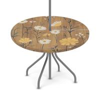 Woltant Round Tablecloth with Parasol Hole and Zipper Wipe Clean Table Cover with Elastic Edges Outdoor Table Protector for Garden Patio BBQ (Wildflowers Wood)