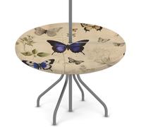 Woltant Round Tablecloth with Parasol Hole and Zipper Wipe Clean Table Cover with Elastic Edges Outdoor Table Protector for Garden Patio BBQ (Vintage Butterfly)