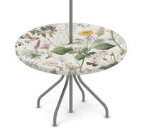 Woltant Round Tablecloth with Parasol Hole and Zipper Wipe Clean Table Cover with Elastic Edges Outdoor Table Protector for Garden Patio BBQ (Wildflowers Grasses Butterflies)