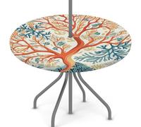 Woltant Round Tablecloth with Parasol Hole and Zipper Wipe Clean Table Cover with Elastic Edges Outdoor Table Protector for Garden Patio BBQ (Coral)