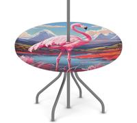 Woltant Round Tablecloth with Parasol Hole and Zipper Wipe Clean Table Cover with Elastic Edges Outdoor Table Protector for Garden Patio BBQ (Flamingo River)