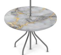 Woltant Round Tablecloth with Parasol Hole and Zipper Wipe Clean Table Cover with Elastic Edges Outdoor Table Protector for Garden Patio BBQ (Grey Gold Marble)