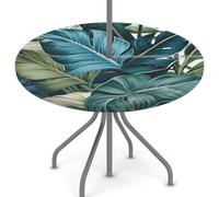 Woltant Round Tablecloth with Parasol Hole and Zipper Wipe Clean Table Cover with Elastic Edges Outdoor Table Protector for Garden Patio BBQ (Tropical Forest Leaves)