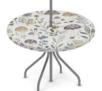 Woltant Round Tablecloth with Parasol Hole and Zipper Wipe Clean Table Cover with Elastic Edges Outdoor Table Protector for Garden Patio BBQ (Mushrooms And Wildflowers)