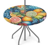Woltant Round Tablecloth with Parasol Hole and Zipper Wipe Clean Table Cover with Elastic Edges Outdoor Table Protector for Garden Patio BBQ (Colorful Fruits)