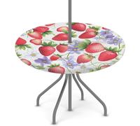 Woltant Round Tablecloth with Parasol Hole and Zipper Wipe Clean Table Cover with Elastic Edges Outdoor Table Protector for Garden Patio BBQ (Strawberry)