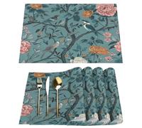 Woltant Teal Birds Flowers Set of 4 Linen Placemats Washable Heatproof Dining Table Mats for Modern Kitchen Dining