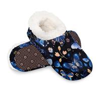 Woltant Winter Warm Plush Slippers for Women and Men Soft Indoor Slippers Non-Slip Rubber Sole Blue Floral Butterfly House Bedroom Shoes-M