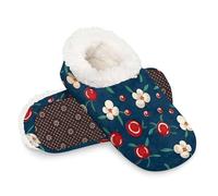 Woltant Winter Warm Plush Slippers for Women and Men Soft Indoor Slippers Non-Slip Rubber Sole Blue Flower Cherry House Bedroom Shoes-XL