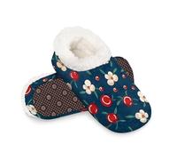 Woltant Winter Warm Plush Slippers for Women and Men Soft Indoor Slippers Non-Slip Rubber Sole Blue Flower Cherry House Bedroom Shoes-M