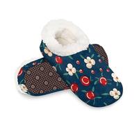 Woltant Winter Warm Plush Slippers for Women and Men Soft Indoor Slippers Non-Slip Rubber Sole Blue Flower Cherry House Bedroom Shoes-L