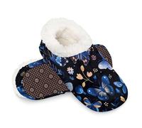 Woltant Winter Warm Plush Slippers for Women and Men Soft Indoor Slippers Non-Slip Rubber Sole Blue Floral Butterfly House Bedroom Shoes-XL
