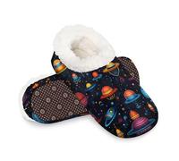 Woltant Winter Warm Plush Slippers for Women and Men Soft Indoor Slippers Non-Slip Rubber Sole Cartoon Planet Universe House Bedroom Shoes-L
