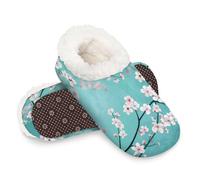 Woltant Winter Warm Plush Slippers for Women and Men Soft Indoor Slippers Non-Slip Rubber Sole Cherry Blossoms Branches Blue House Bedroom Shoes-M