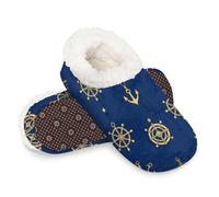 Woltant Winter Warm Plush Slippers for Women and Men Soft Indoor Slippers Non-Slip Rubber Sole Gold Anchor Compass House Bedroom Shoes-XL