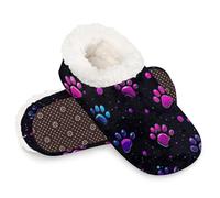 Woltant Winter Warm Plush Slippers for Women and Men Soft Indoor Slippers Non-Slip Rubber Sole Neon Pink Purple Paw House Bedroom Shoes-M