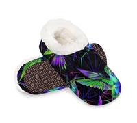 Woltant Winter Warm Plush Slippers for Women and Men Soft Indoor Slippers Non-Slip Rubber Sole Neon Purple Birds House Bedroom Shoes-XXL