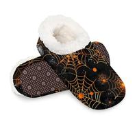 Woltant Winter Warm Plush Slippers for Women and Men Soft Indoor Slippers Non-Slip Rubber Sole Orange Spider Web House Bedroom Shoes-XL