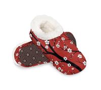 Woltant Winter Warm Plush Slippers for Women and Men Soft Indoor Slippers Non-Slip Rubber Sole Red Cherry Blossom House Bedroom Shoes-XL