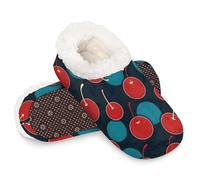 Woltant Winter Warm Plush Slippers for Women and Men Soft Indoor Slippers Non-Slip Rubber Sole Red Cherry Blue Circle House Bedroom Shoes-M