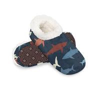 Woltant Winter Warm Plush Slippers for Women and Men Soft Indoor Slippers Non-Slip Rubber Sole Sea Sharks House Bedroom Shoes-XXL