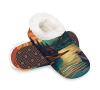 Woltant Winter Warm Plush Slippers for Women and Men Soft Indoor Slippers Non-Slip Rubber Sole Ship River Sunset House Bedroom Shoes-L