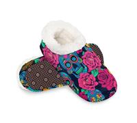 Woltant Winter Warm Plush Slippers for Women and Men Soft Indoor Slippers Non-Slip Rubber Sole Smile Skulls Red Roses House Bedroom Shoes-M