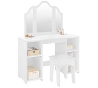 WOLTU Children’s Dressing Table with Stool and Mirror, Removable Triple Vanity Mirror, Small Vanity Desk with 4 Open and Adjustable Shelves, White, MDF, MB6120ws