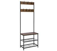 WOLTU Coat Rack Shoe Rack Bench 3-in-1, 2-Tier Shoe Shelf with Shoe Changing Seat and 7 Double Hooks, for Hallway/Entrance Area, Metal + Engineered Wood, Black + Rustic Brown, 60x31.5x170cm