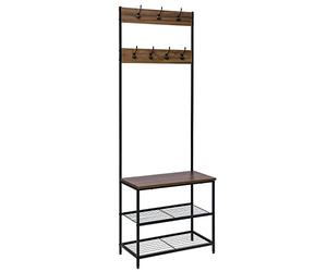 WOLTU Coat Rack Shoe Rack Bench 3-in-1, 2-Tier Shoe Shelf with Shoe Changing Seat and 7 Double Hooks, for Hallway/Entrance Area, Metal + Engineered Wood, Black + Rustic Brown, 60x31.5x170cm