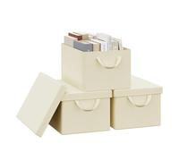 WOLTU Collapsible Storage Boxes Set of 3, Non-Woven Fabric Storage Boxes with Removable Lid, Handles, Metal Frame, 20L, Cream, 38x27x20cm, ABB01cm-3-UK
