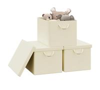WOLTU Collapsible Storage Boxes Set of 3, Non-Woven Fabric Storage Boxes with Removable Lid, Handles, Metal Frame, 51L, Cream, 48x36x30cm, ABB04cm-3-UK