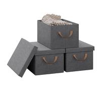 WOLTU Collapsible Storage Boxes Set of 3, Non-Woven Fabric Storage Boxes with Removable Lid, Handles, Metal Frame, 20L, Grey, 38x27x20cm, ABB01gbn-3-UK