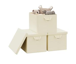 WOLTU Collapsible Storage Boxes Set of 3, Non-Woven Fabric Storage Boxes with Removable Lid, Handles, Metal Frame, 51L, Cream, 48x36x30cm, ABB04cm-3-UK