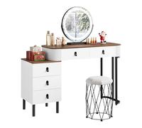 WOLTU Dressing Table with LED Lighting Mirror and Vanity Stool, 3-Colour Dimmable, Vanity Desk with 5 Drawers, Flexible Assembly, 100x40cm Tabletop, Orange Brown Wood Effect