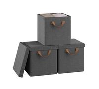 WOLTU Fabric Storage Boxes Set of 3, Folding Baskets with Lids, Handles, Metal Frame, Wardrobe Toy Organisers for Living Room, Bedroom, Office, Grey, 27x27x27cm