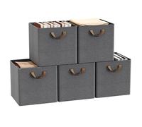 WOLTU Fabric Storage Boxes Set of 5, Collapsible Cube Baskets with Handles and Metal Frame, Wardrobe Organisers for Bedroom, Living Room, Study, Linen, Grey, 32.5x32.5x31cm