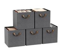 WOLTU Fabric Storage Boxes Set of 5, Collapsible Cube Baskets with Handles and Metal Frame, Wardrobe Organisers for Bedroom, Living Room, Study, Linen, Grey, 29.5x29.5x28.5cm
