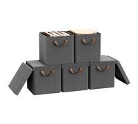 WOLTU Fabric Storage Boxes Set of 5, Folding Baskets with Lids, Handles, Metal Frame, Wardrobe Toy Organisers for Living Room, Bedroom, Office, Grey, 27x27x27cm